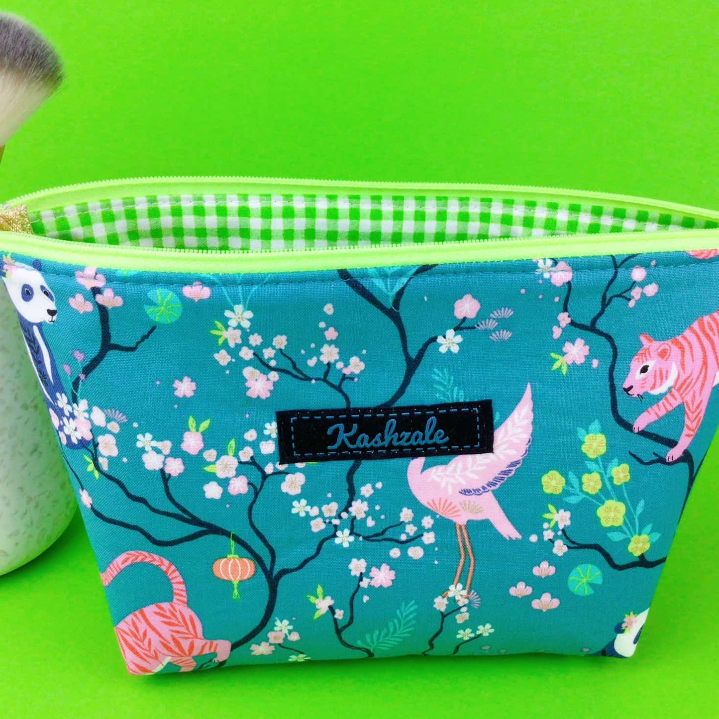 Kashzale Handmade Cosmetic Bags - Teal Pandas and Tigers Medium Cosmetic Bag. Teal Cosmetic Bags