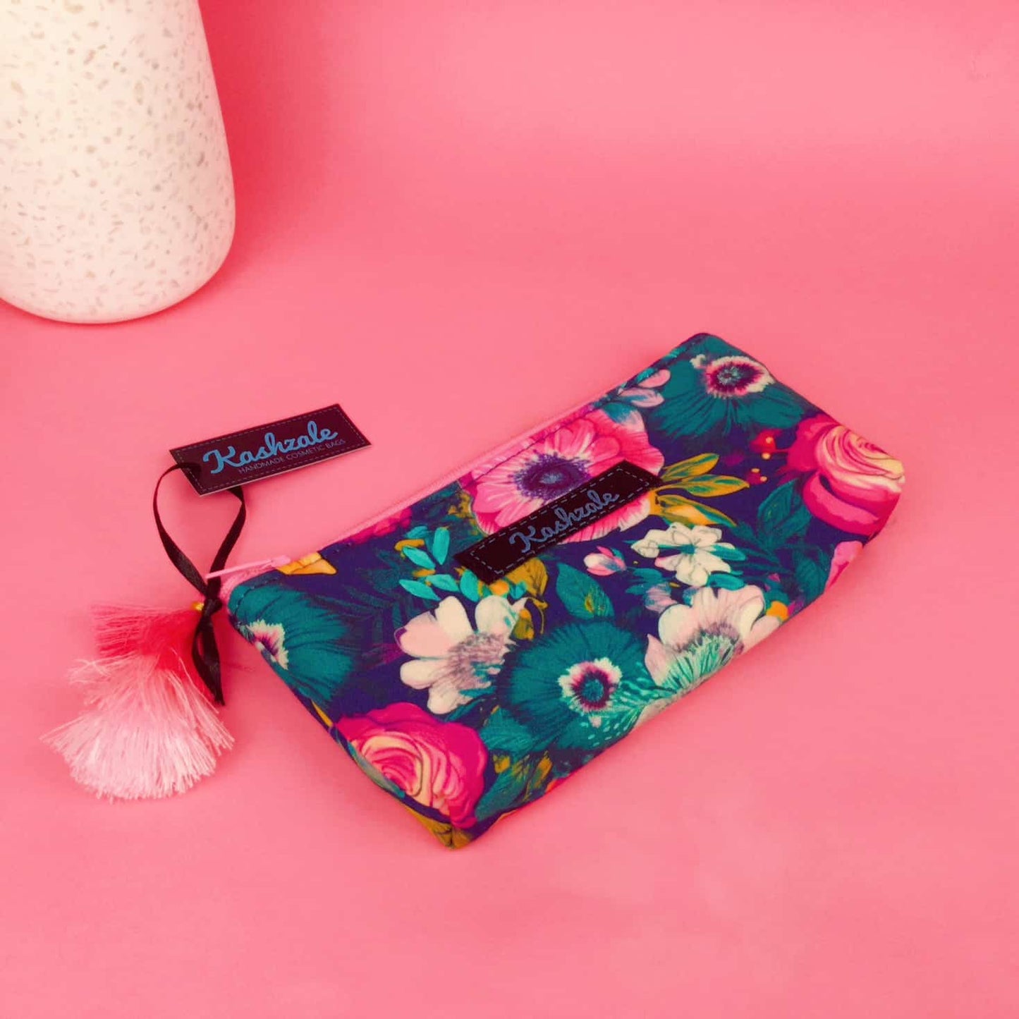 Kashzale Handmade Cosmetic Bags - Navy and Pink Floral Sunglasses bag, glasses case.