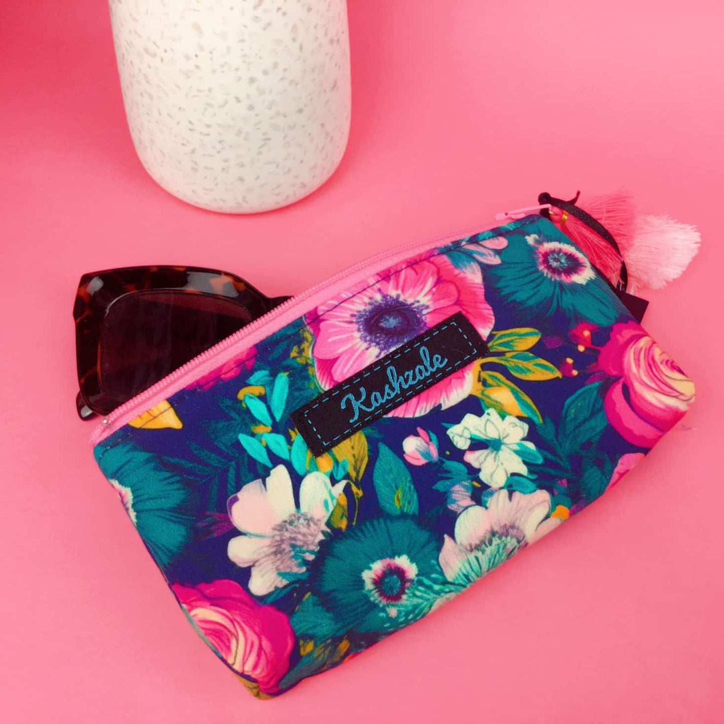 Kashzale Handmade Cosmetic Bags - Navy and Pink Floral Sunglasses bag, glasses case.