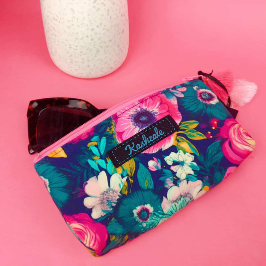 Kashzale Handmade Cosmetic Bags - Navy and Pink Floral Sunglasses bag, glasses case.