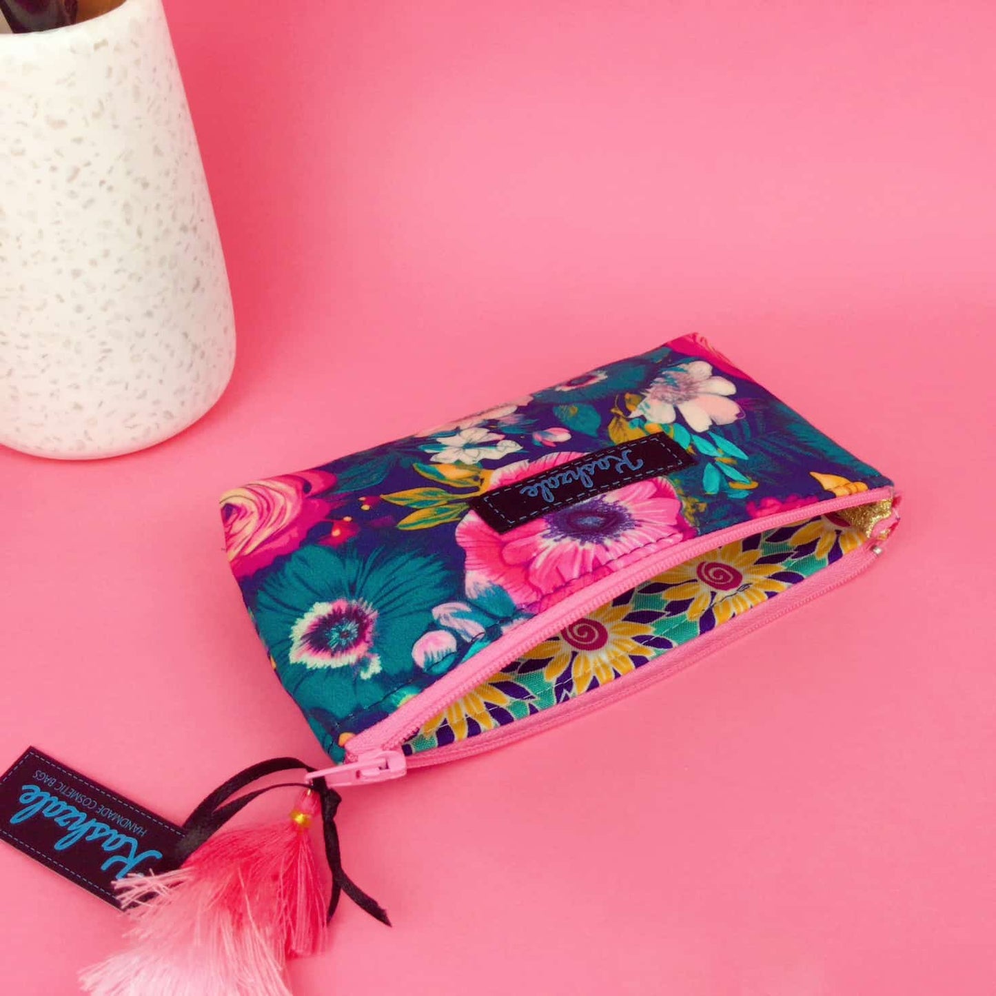 Kashzale Handmade Cosmetic Bags - Navy and Pink Floral Sunglasses bag, glasses case.