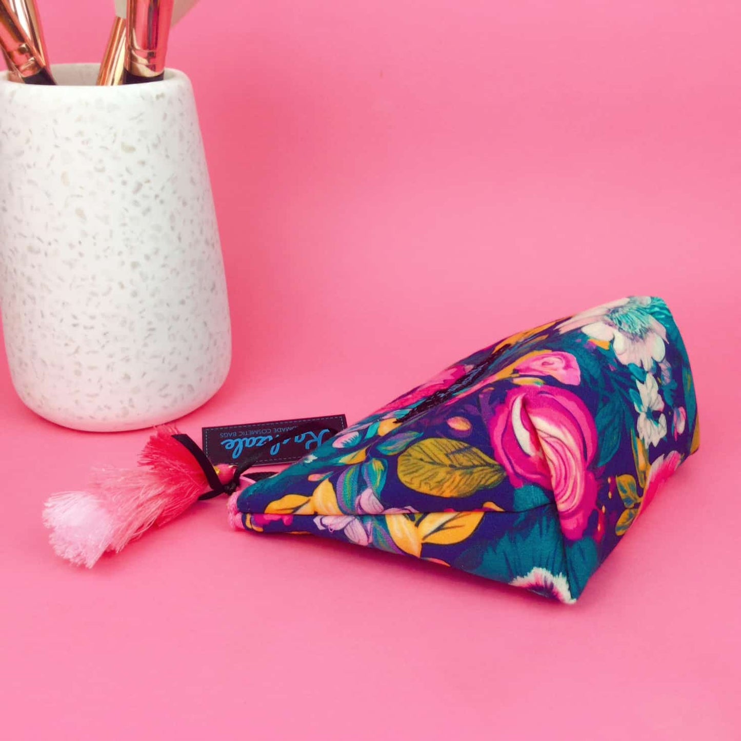 Kashzale Handmade Cosmetic Bags - Navy and Pink Floral Small Makeup Bag.