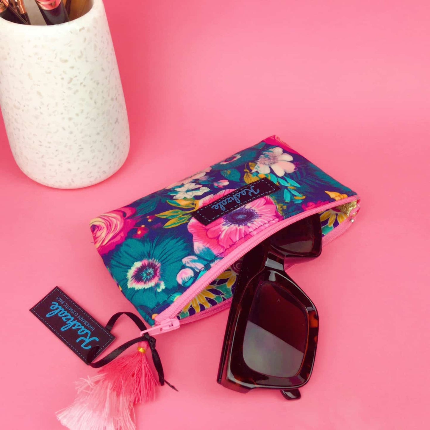 Kashzale Handmade Cosmetic Bags - Navy and Pink Floral Sunglasses bag, glasses case.