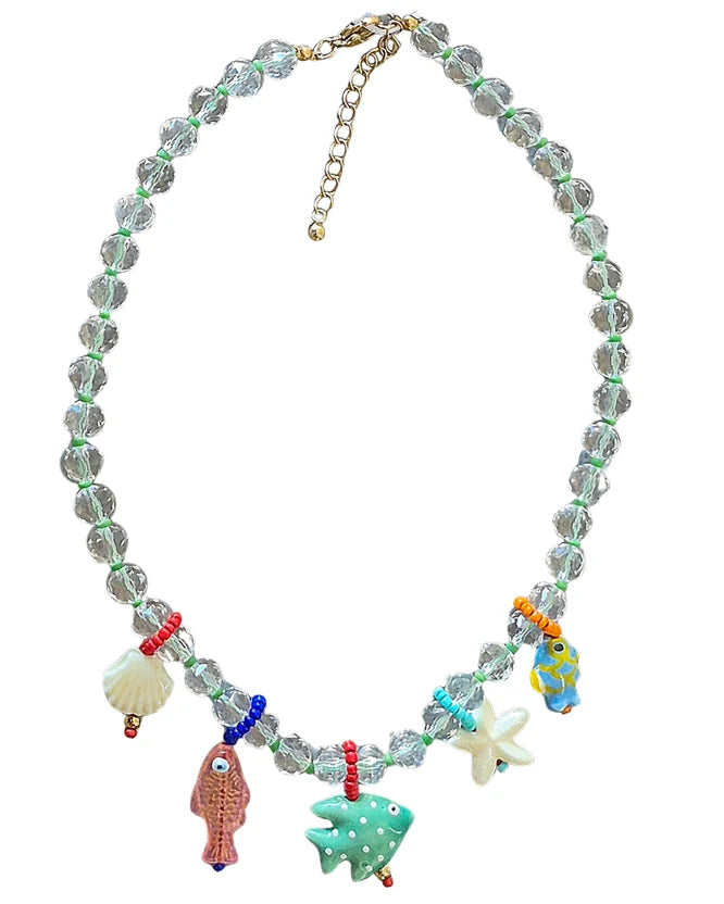 Zoda - Beaded Charm Necklace - Green Fish