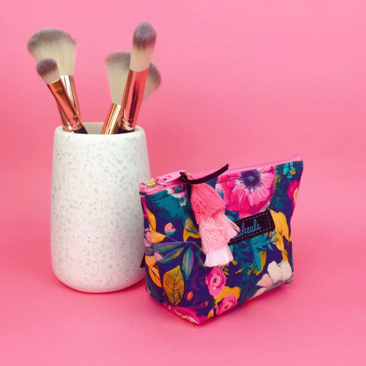 Kashzale Handmade Cosmetic Bags - Navy and Pink Floral Small Makeup Bag.