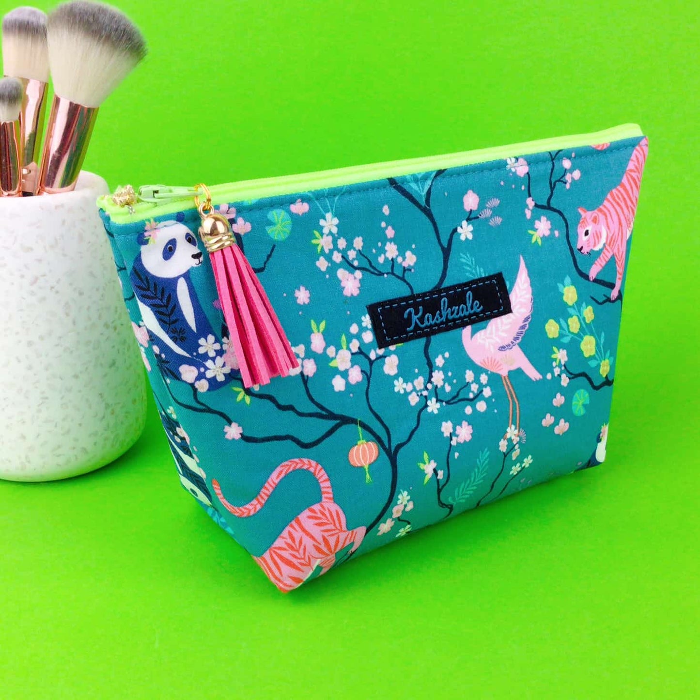 Kashzale Handmade Cosmetic Bags - Teal Pandas and Tigers Medium Cosmetic Bag. Teal Cosmetic Bags