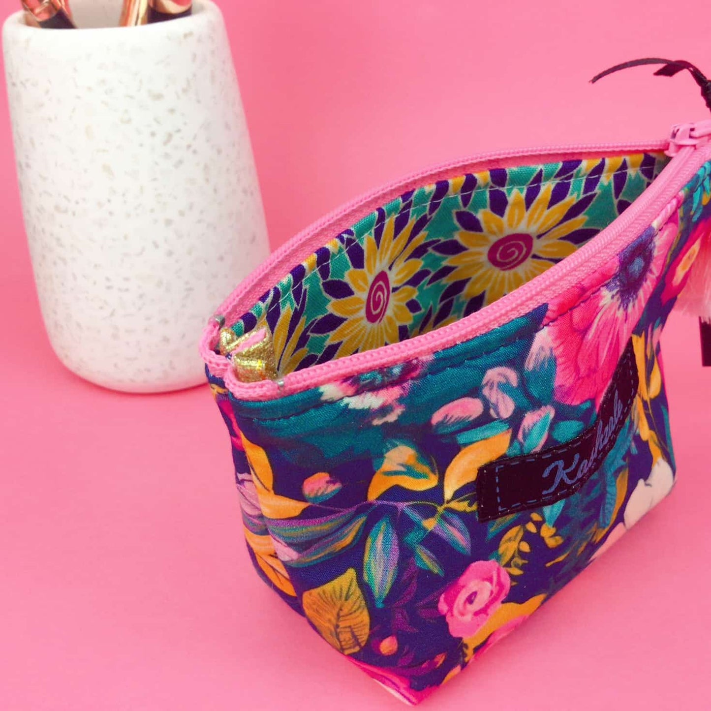 Kashzale Handmade Cosmetic Bags - Navy and Pink Floral Small Makeup Bag.
