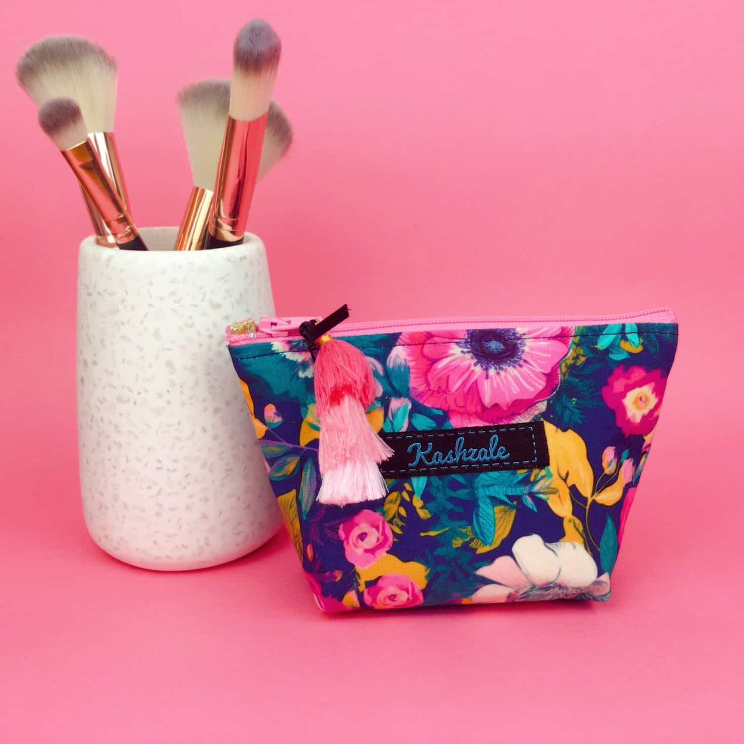 Kashzale Handmade Cosmetic Bags - Navy and Pink Floral Small Makeup Bag.
