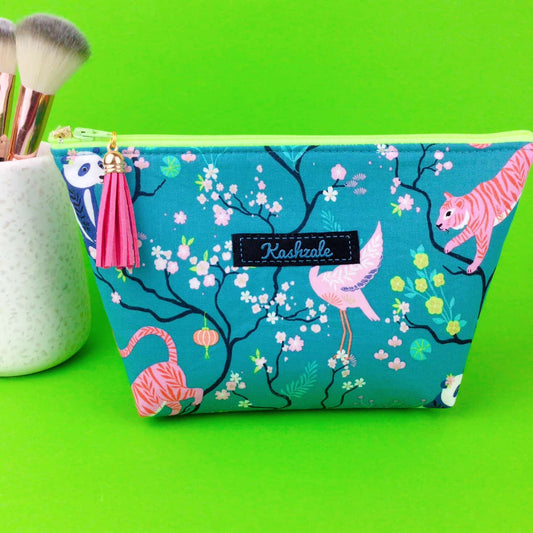 Kashzale Handmade Cosmetic Bags - Teal Pandas and Tigers Medium Cosmetic Bag. Teal Cosmetic Bags