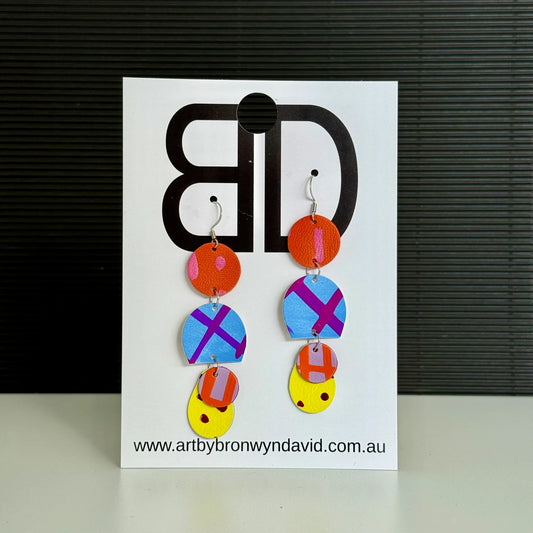 Triple Drops - Handmade Painted Leather Earrings - Lightweight Statement Jewellery | Artisan Crafted