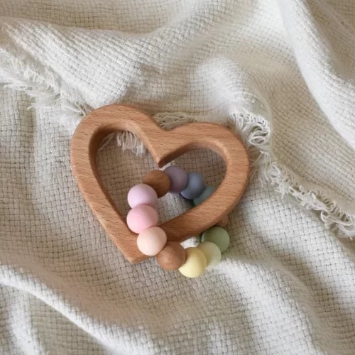 Heart silicone and beech wood teether - assorted colours  Bella Zailea image 0