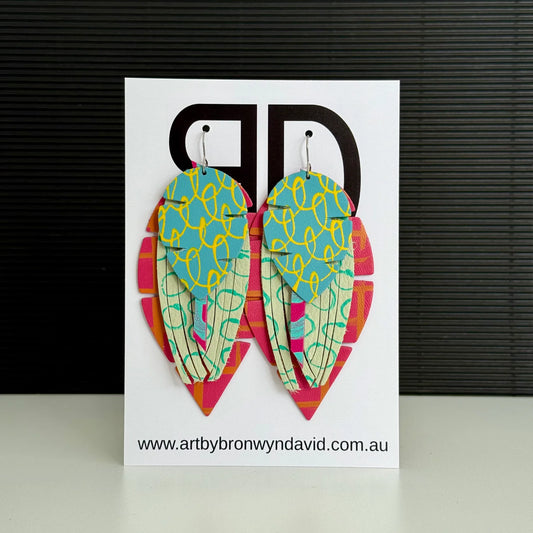 Aunty Feathers - Handmade Painted Leather Earrings - Lightweight Statement Jewellery | Artisan Crafted
