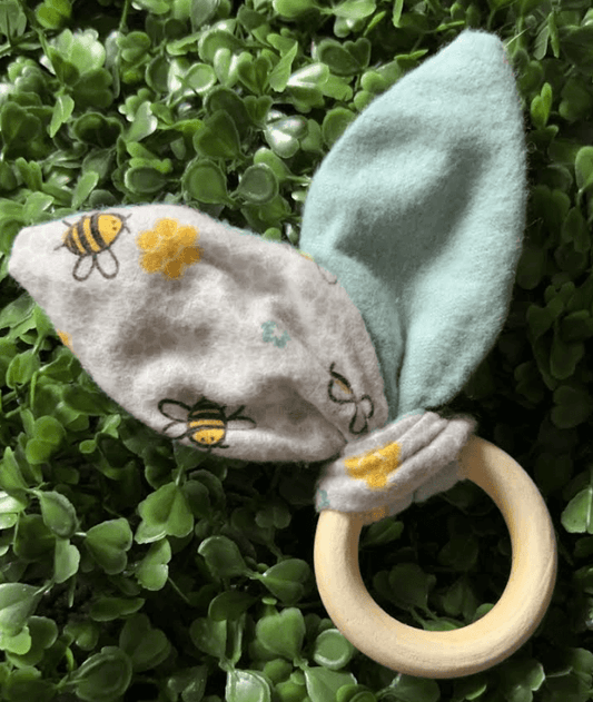 Soft Flannel Teething Ring - Grey & Blue with Bees  - Millie Moo Designs image 0