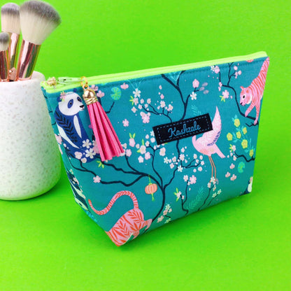 Kashzale Handmade Cosmetic Bags - Teal Pandas and Tigers Medium Cosmetic Bag. Teal Cosmetic Bags